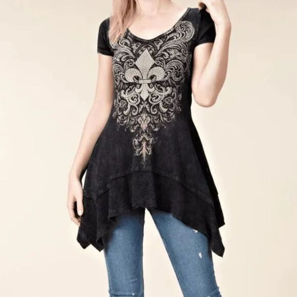 Vocal Fleur Charcoal Grey Rhinestone Embellishement Cotton Sharkbite Top Large - Picture 1 of 7